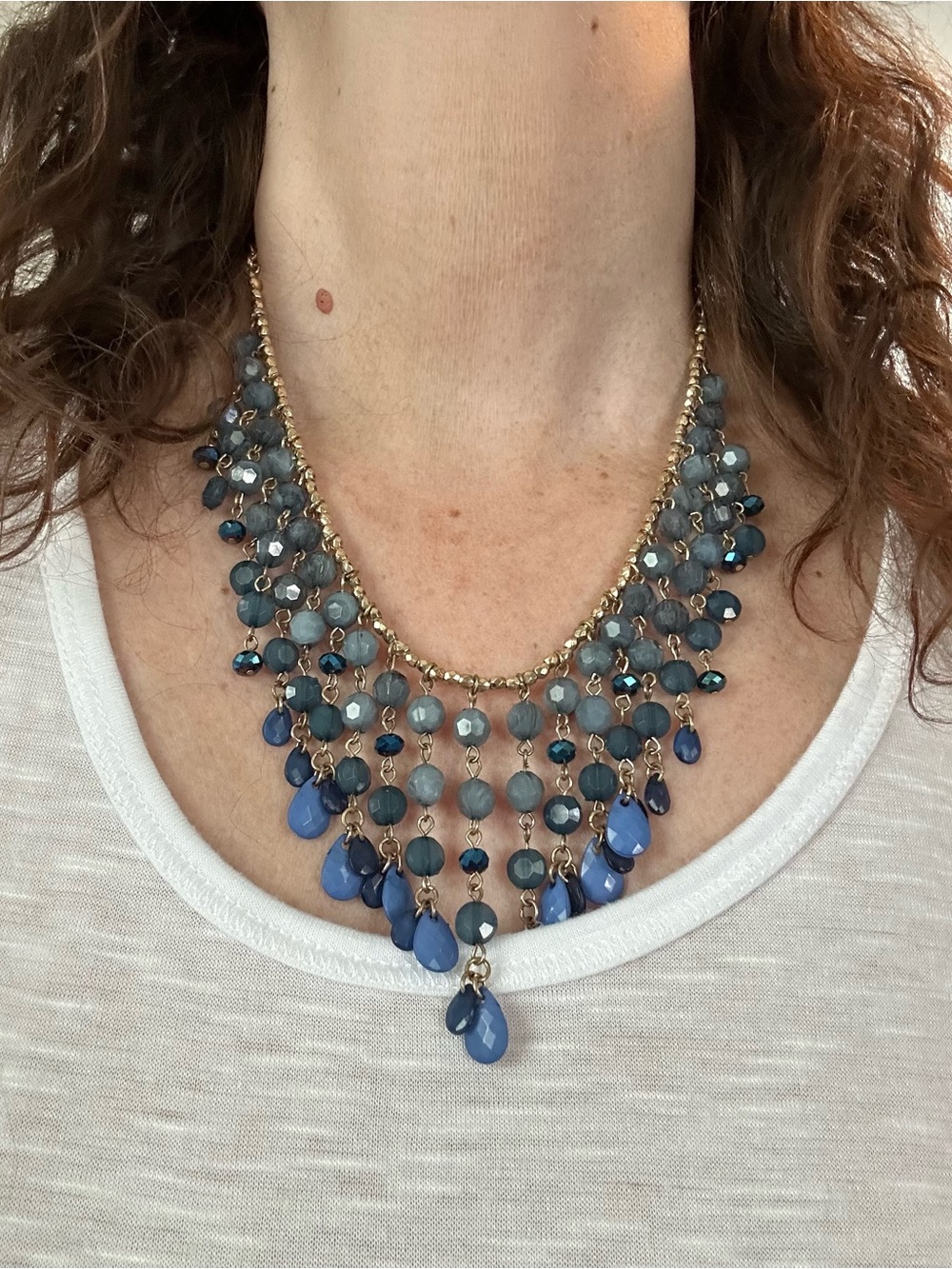 Gold-Tone Blue Beaded Fringe Statement Necklace